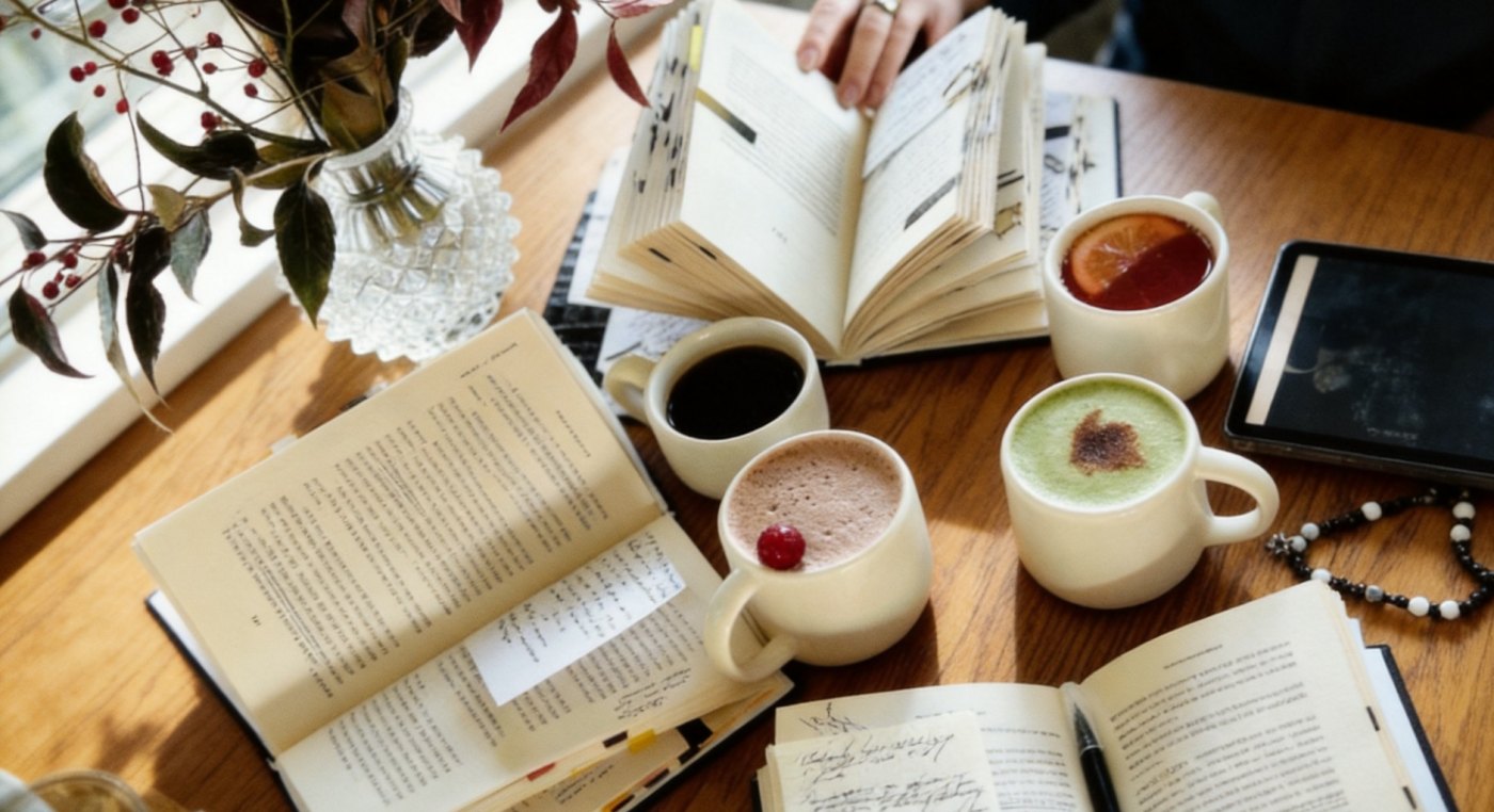 Стол с открытыми книгами, закладками и рукописными заметками, рядом кружки с какао, матчей, чаем и кофе