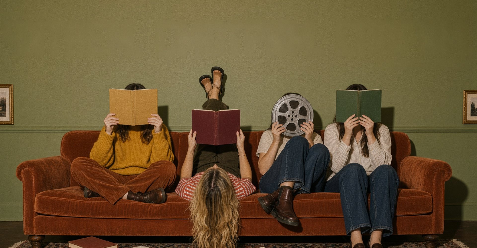 Четверо друзей на бархатном диване закрыли лица книгами и катушкой киноплёнки
